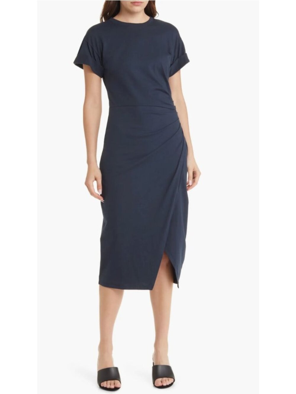 NWT Frame Faux Wrap Midi T Shirt Cotton Dress Navy Blue Size S $328 [jb]